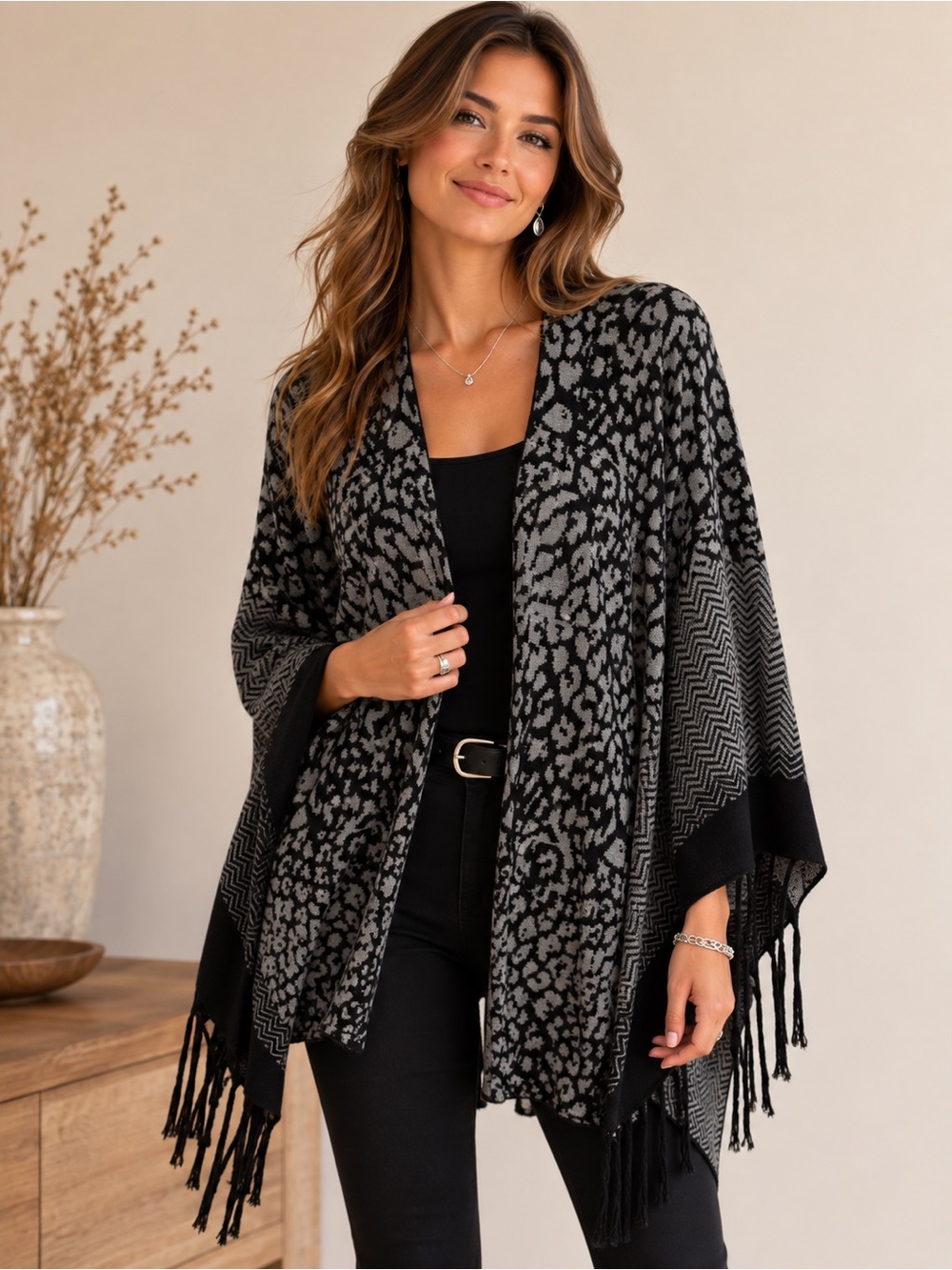 Belldini Black & Gray Leopard-Print Fringe Poncho